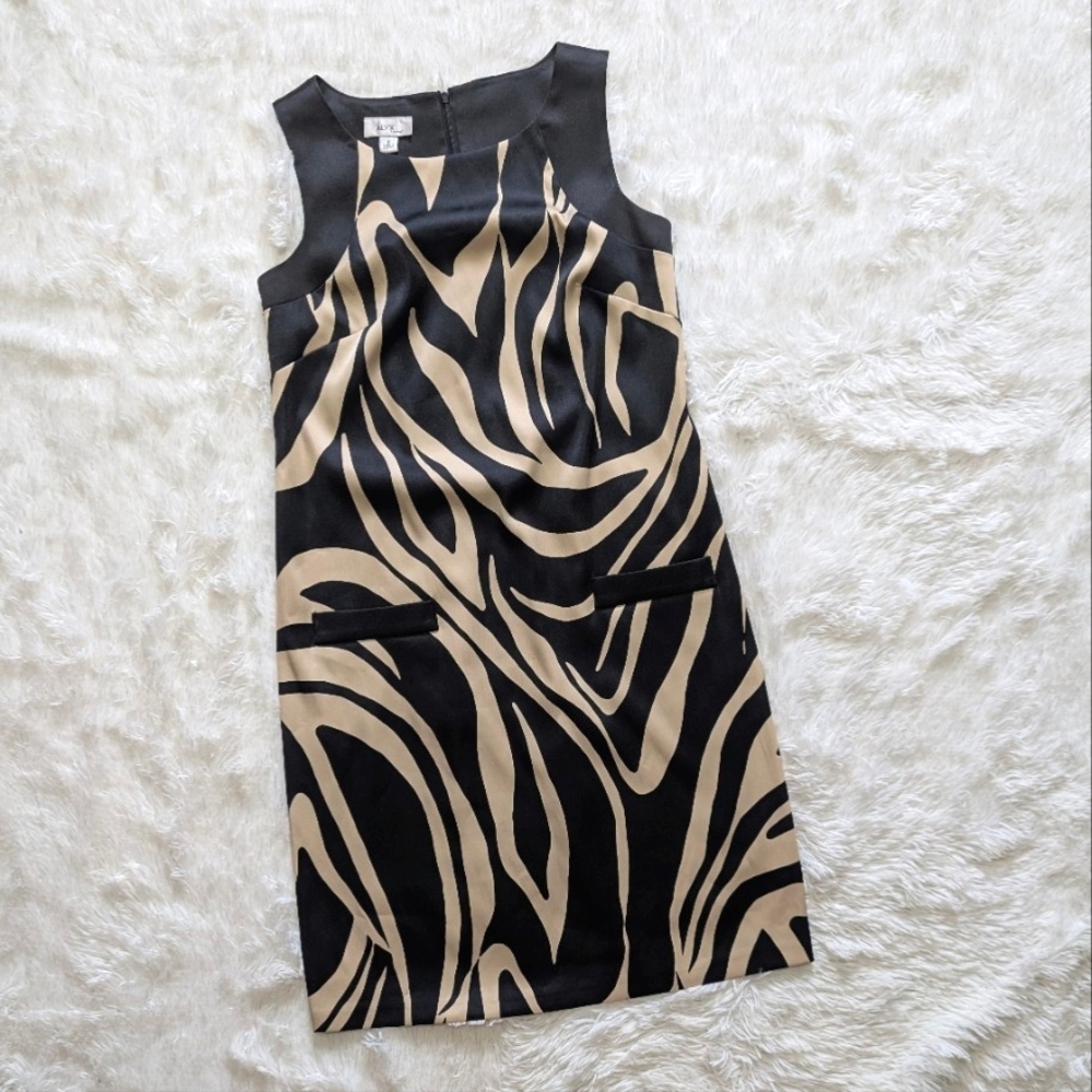 Y2K Alyx Limited Satin Zebra Print Black & Tan Shift Cocktail Dress Size 6 - Picture 1 of 12